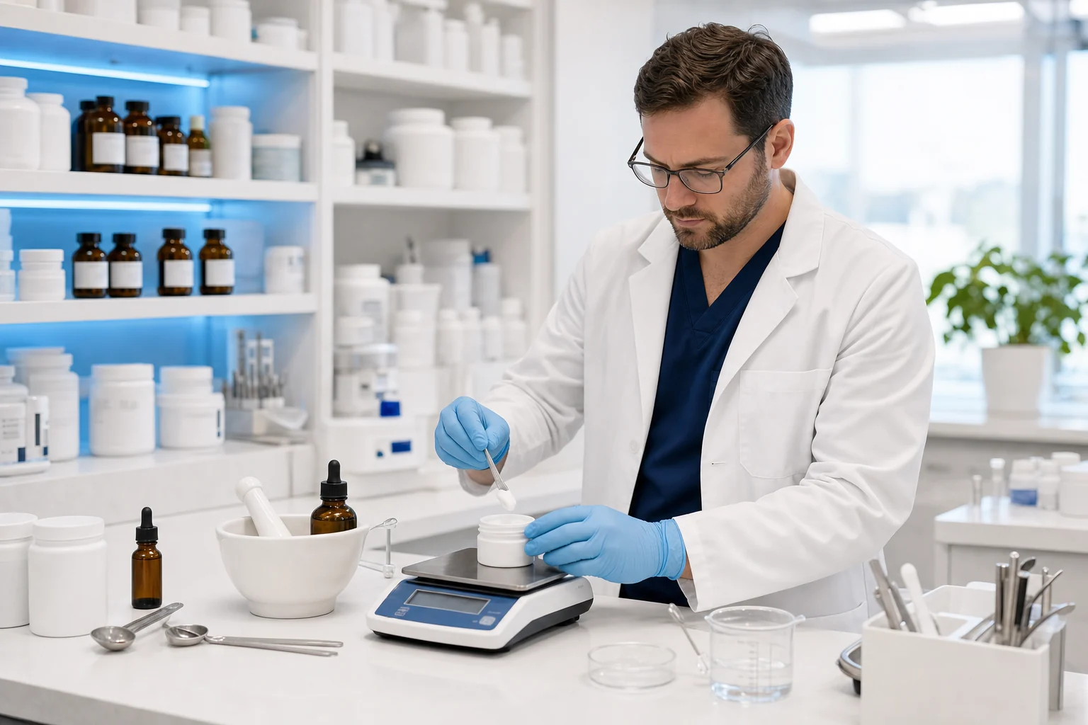 Pharmacist preparing and reviewing a compounded medication