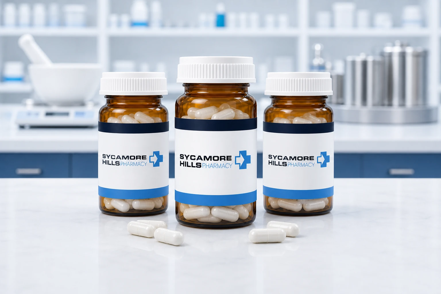 Three Sycamore Hills Pharmacy low dose naltrexone capsule bottles in a compounding laboratory