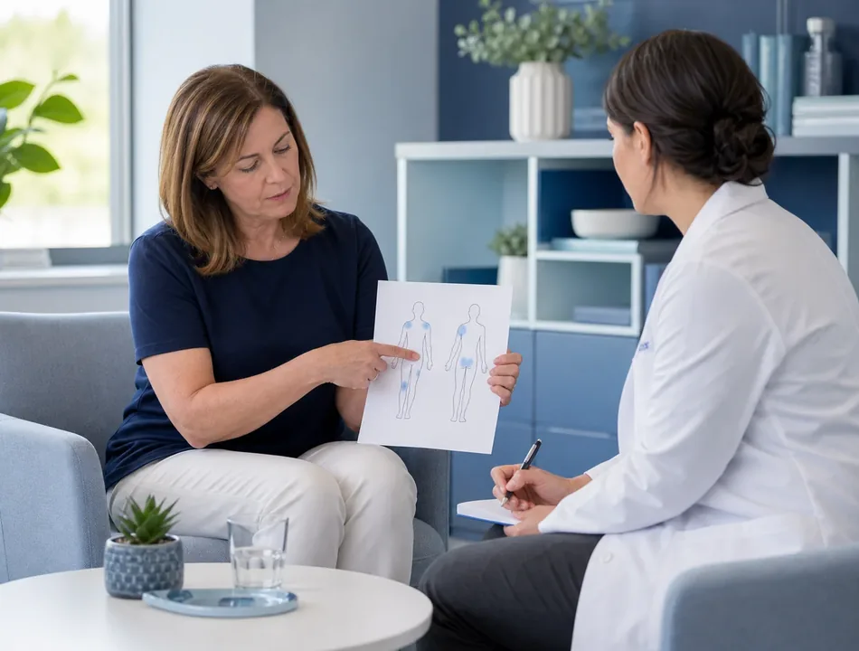 Patient discussing areas of widespread discomfort during a pharmacy consultation