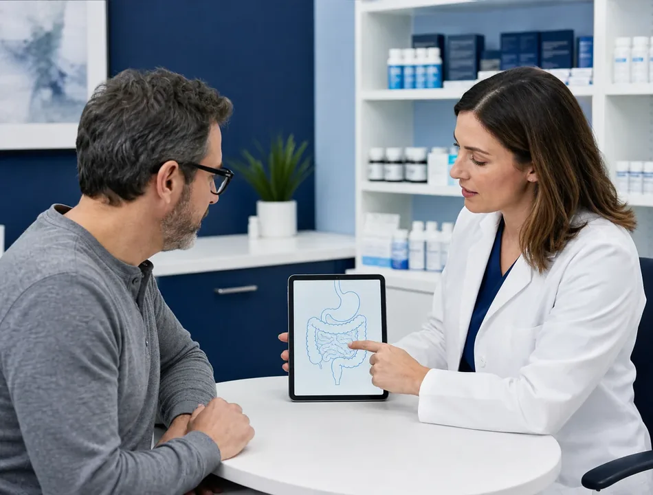 Pharmacist reviewing a digestive system illustration with a patient