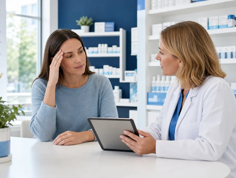 Patient discussing recurring headaches with a pharmacist