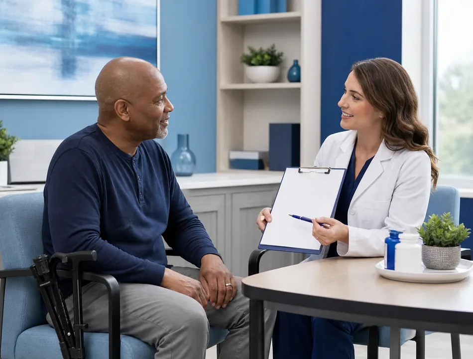 Patient reviewing a medication plan with a pharmacist during a private consultation