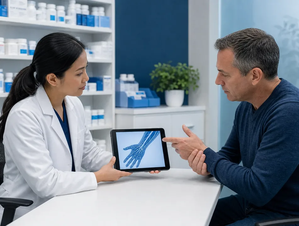 Patient and pharmacist reviewing a nerve pathway illustration