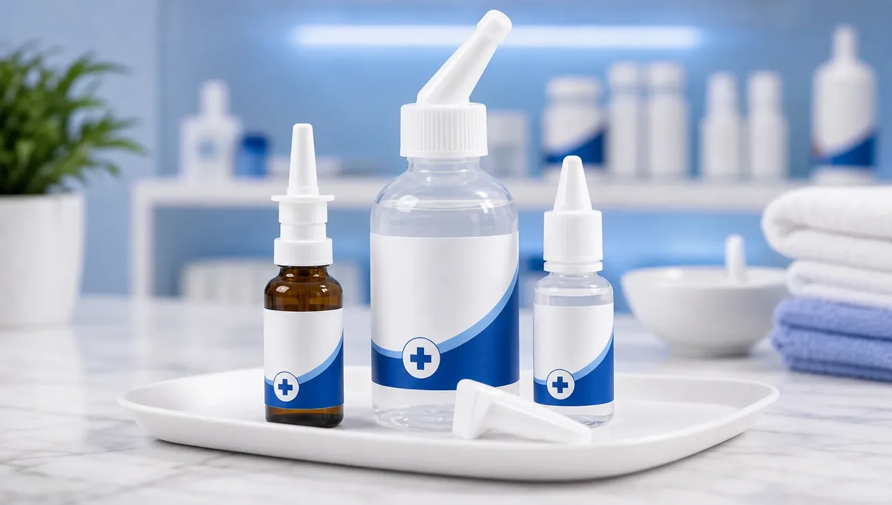Nasal and sinus medication bottles and rinse supplies