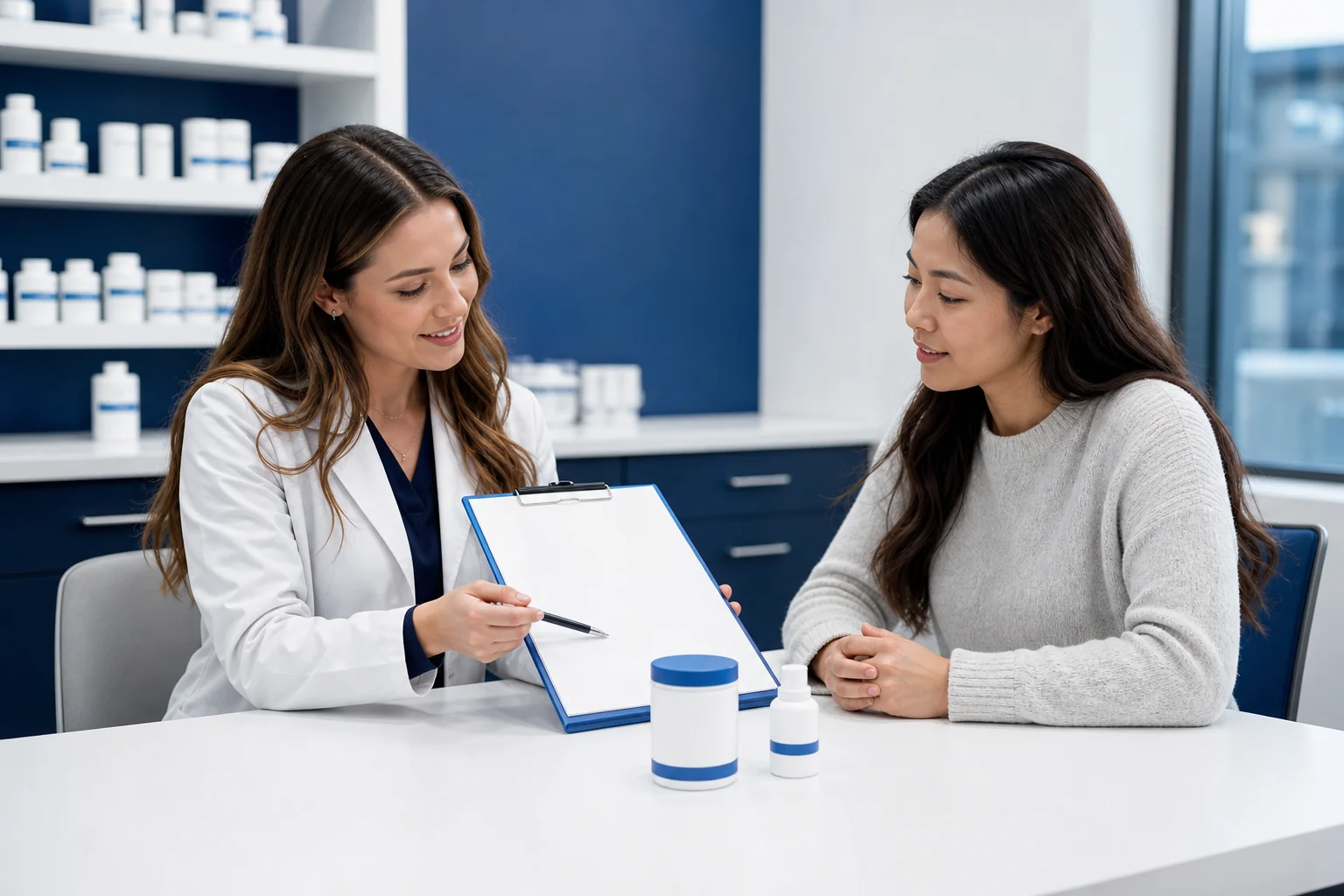 Patient reviewing custom dermatology formulations with a pharmacist