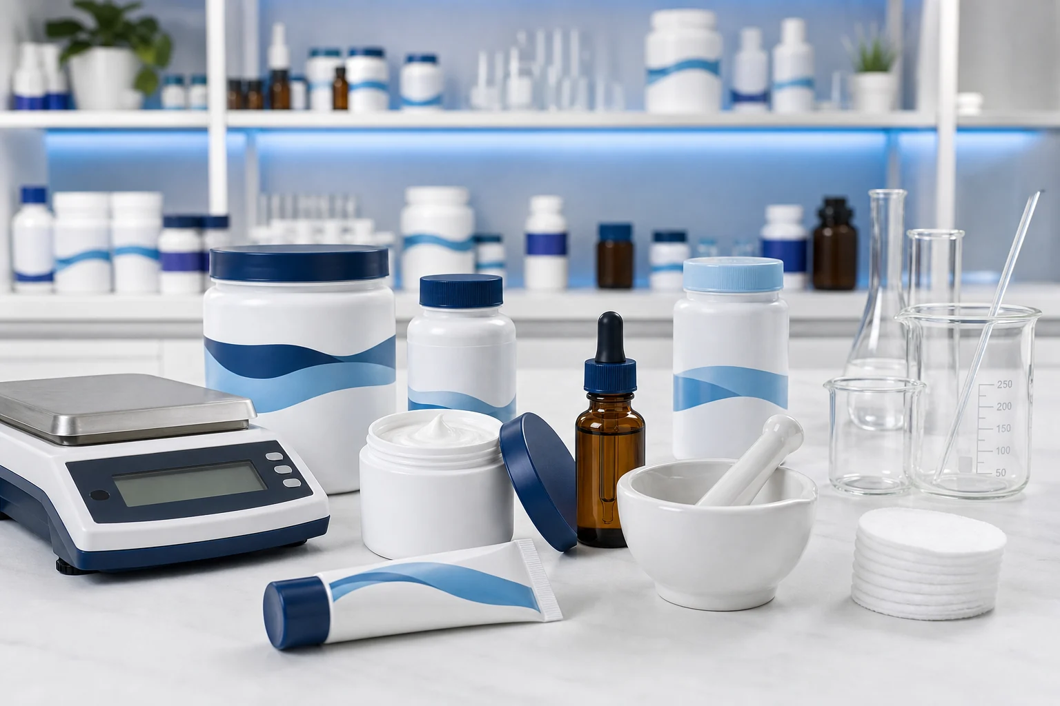 Dermatology compounding ingredients and laboratory glassware