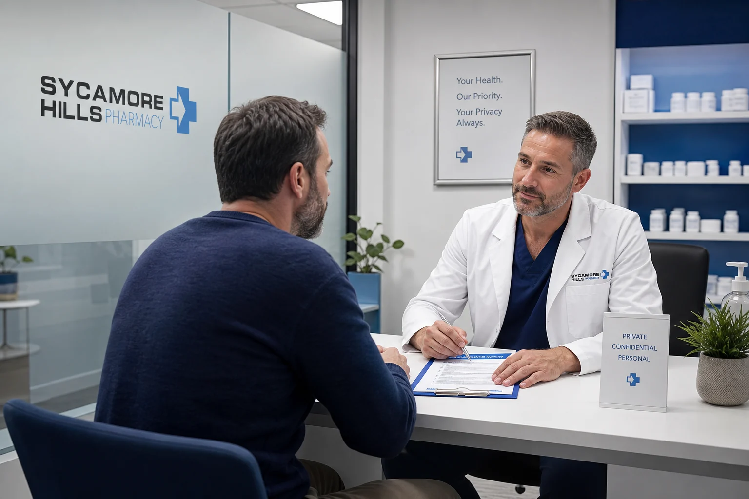 Pharmacist providing a private prescription consultation