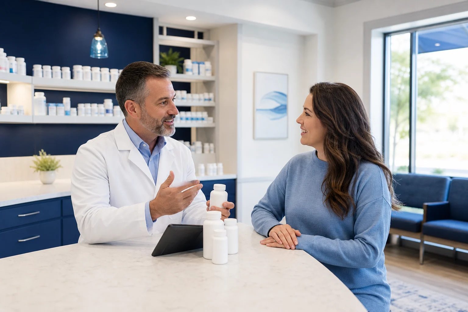 Sycamore Hills pharmacist speaking with a patient at the pharmacy counter