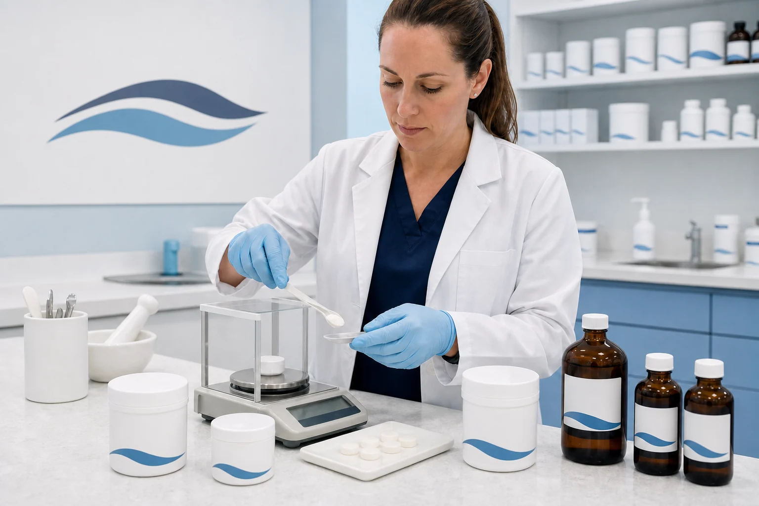 Pharmacist compounding a custom hormone preparation in the lab