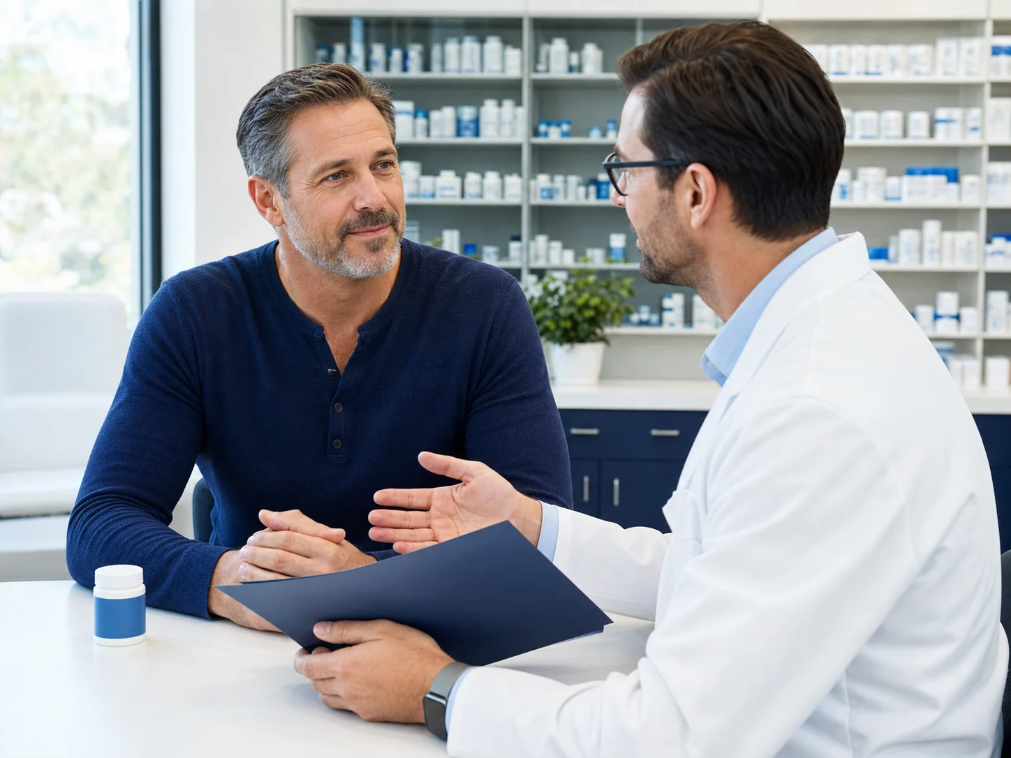 Adult man discussing provider-directed hormone support with a pharmacist