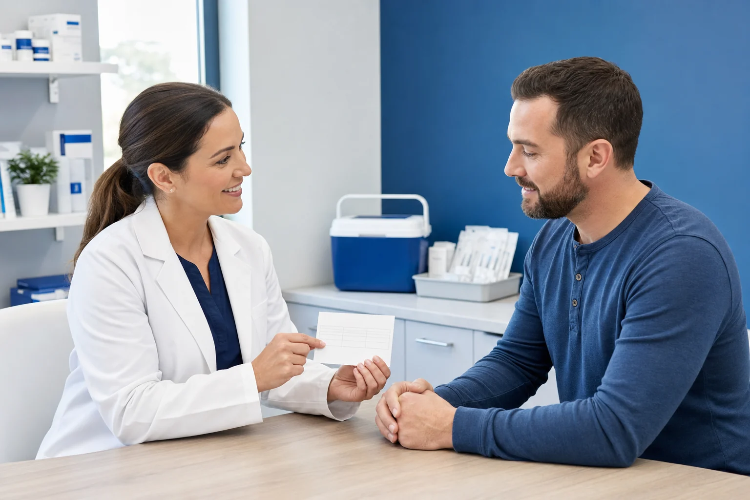 Pharmacist reviewing a vaccination record with a patient before an appointment