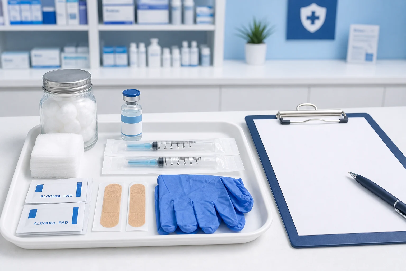 Immunization supplies organized for a pharmacy appointment