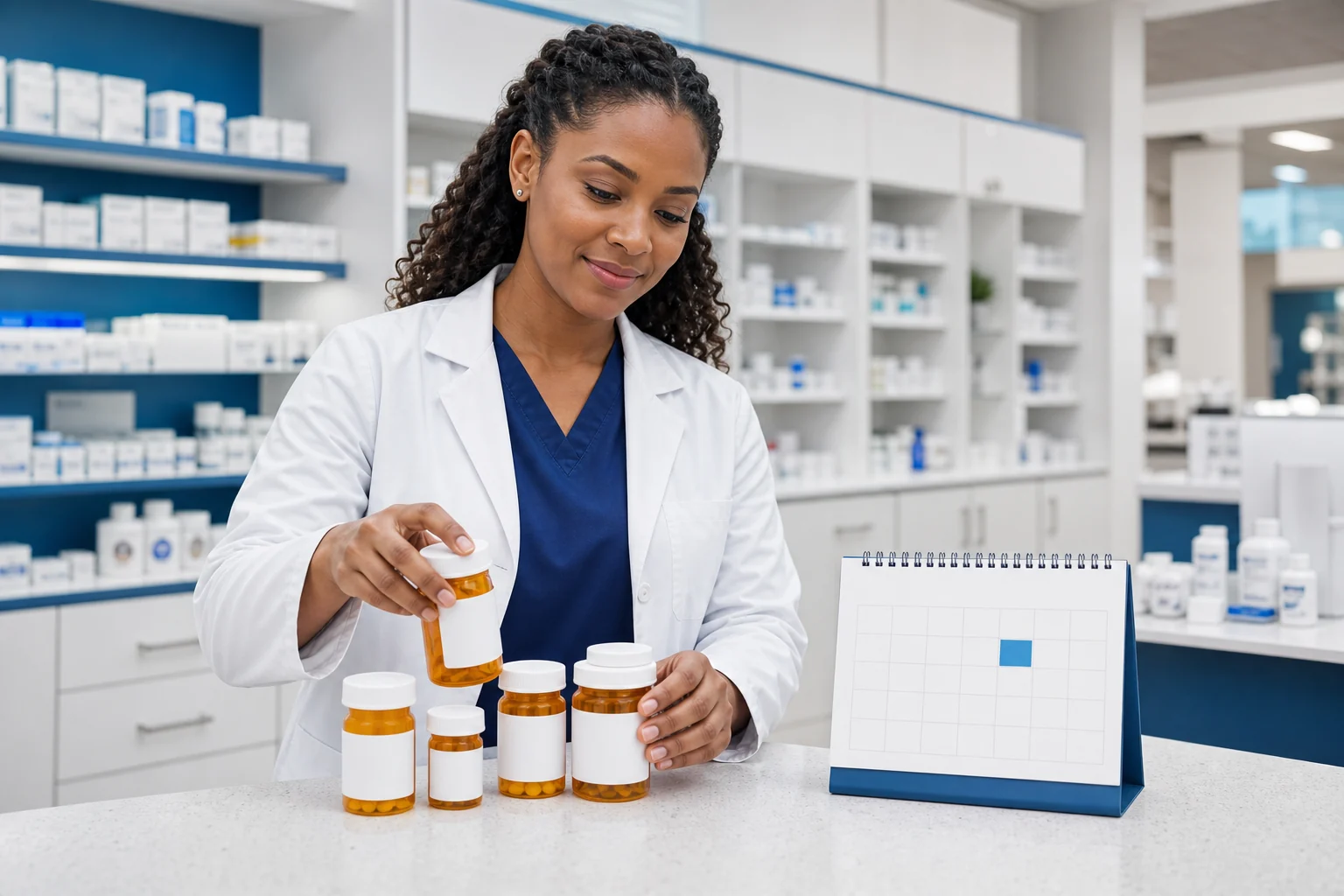 Pharmacist organizing prescription refill dates around one calendar day