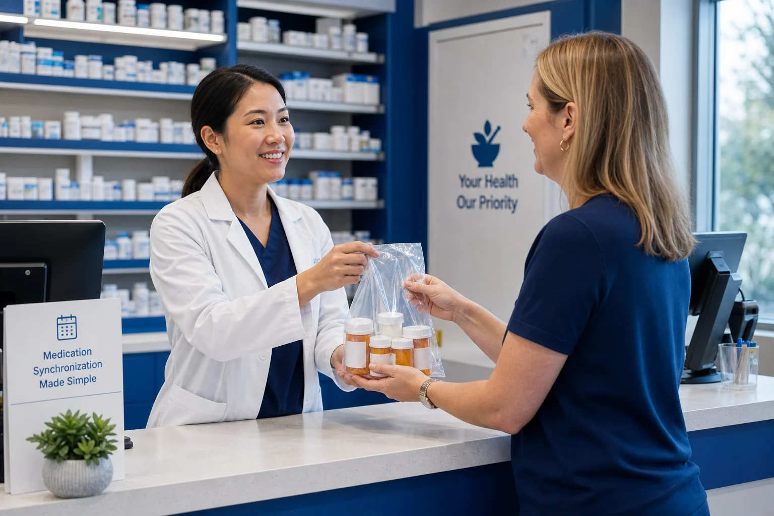 Patient receiving coordinated prescriptions together at the pharmacy counter