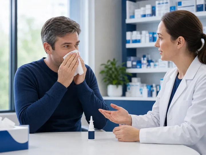 Patient discussing seasonal nasal allergy symptoms with a pharmacist