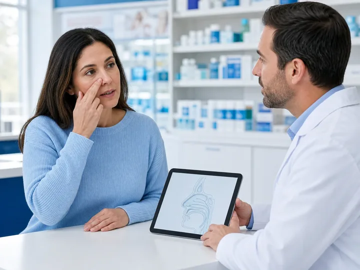Patient discussing sinus pressure with a pharmacist
