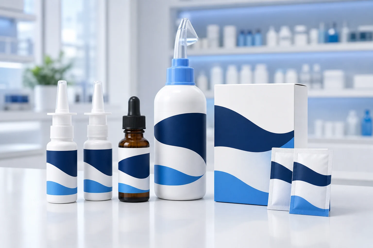 Compounded nasal and sinus medication products on a pharmacy counter