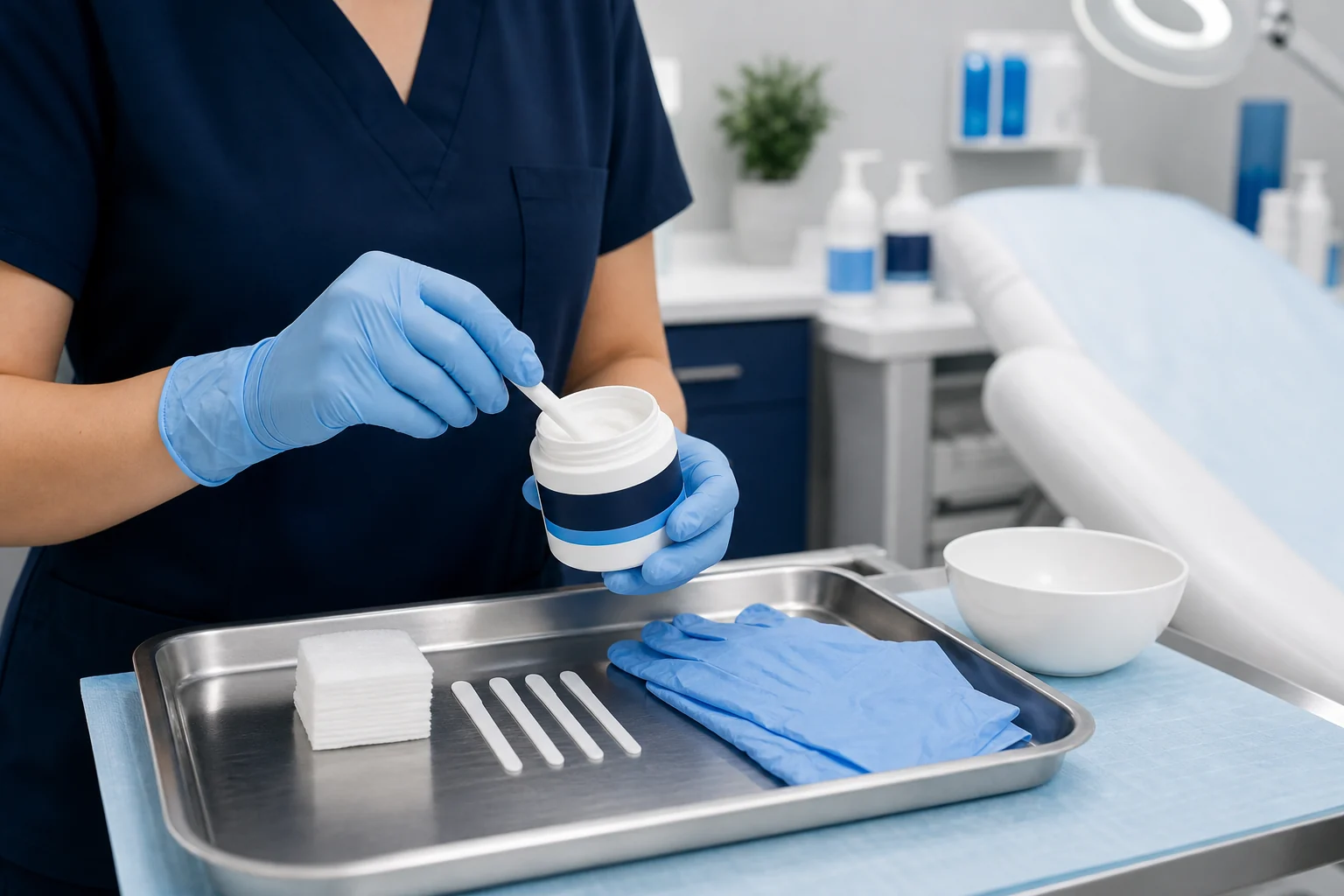 Clinical staff preparing topical numbing cream and procedure supplies for office use