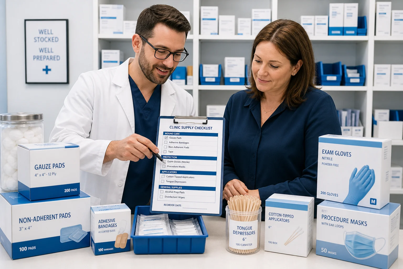 Pharmacist and clinic coordinator reviewing a physician office supply request