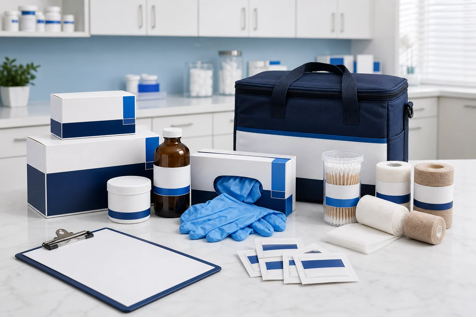 Organized physician office supplies prepared for a local medical practice