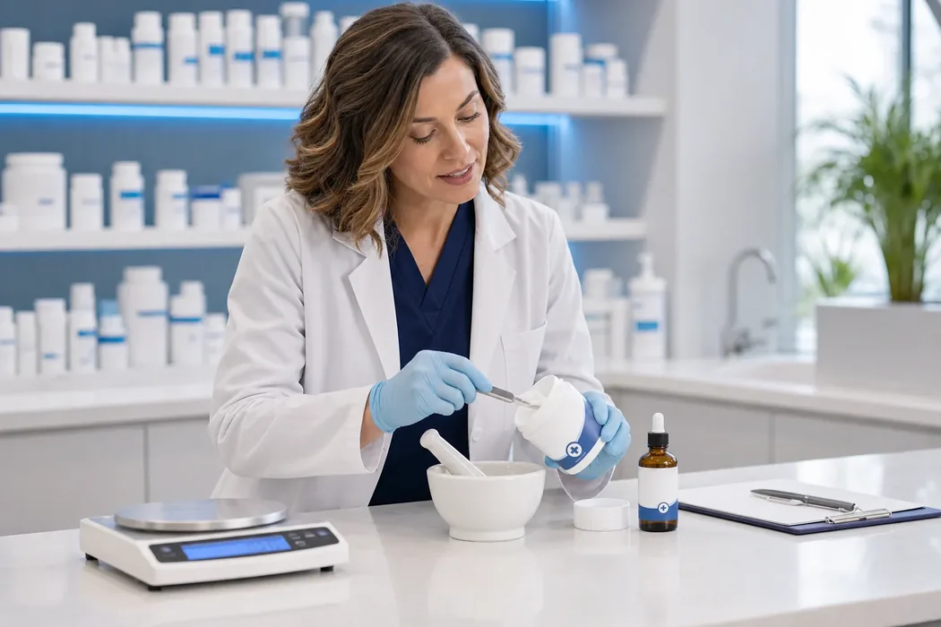 Pharmacist compounding a provider-prescribed topical pain formulation