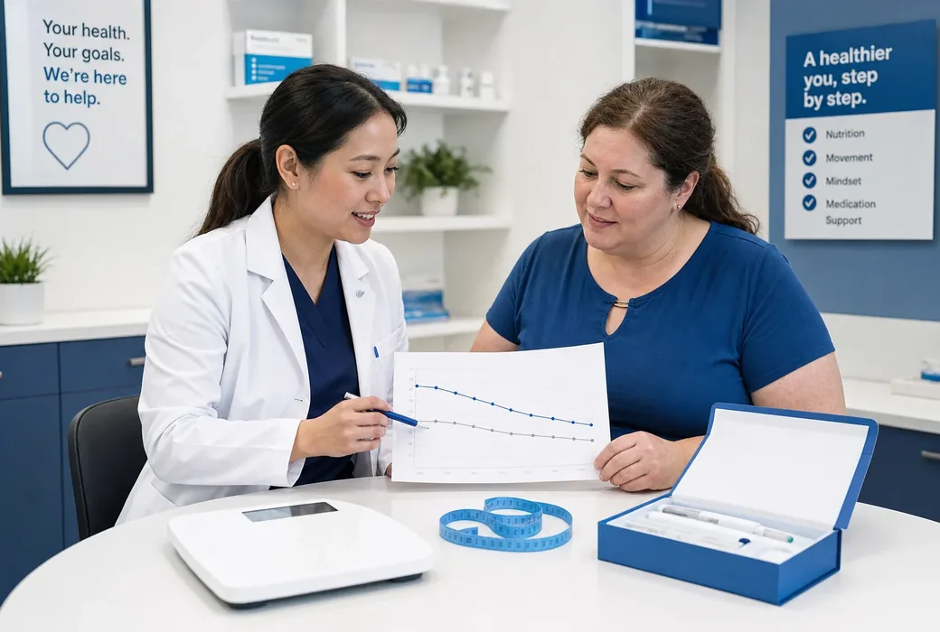 Patient and pharmacist reviewing progress in a provider-guided weight management plan