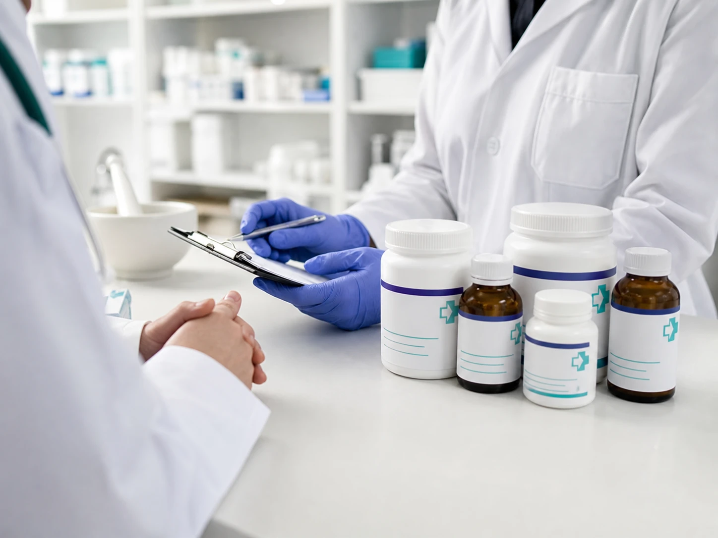 Pharmacist preparing and reviewing a compounded medication