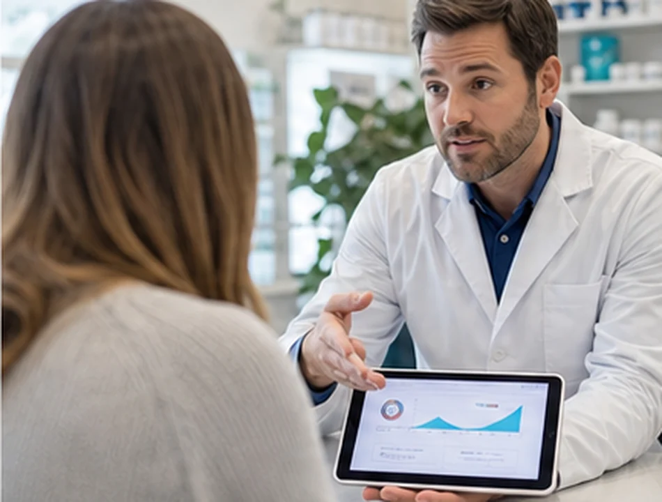 Patient discussing persistent back discomfort with a pharmacist
