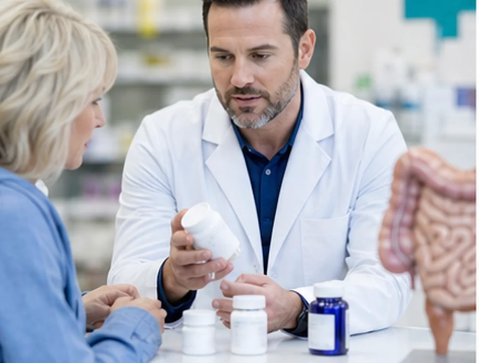 Pharmacist reviewing a digestive system illustration with a patient