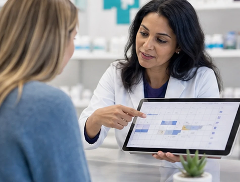 Patient discussing recurring headaches with a pharmacist