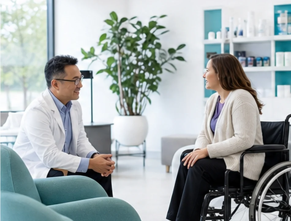 Patient reviewing a medication plan with a pharmacist during a private consultation