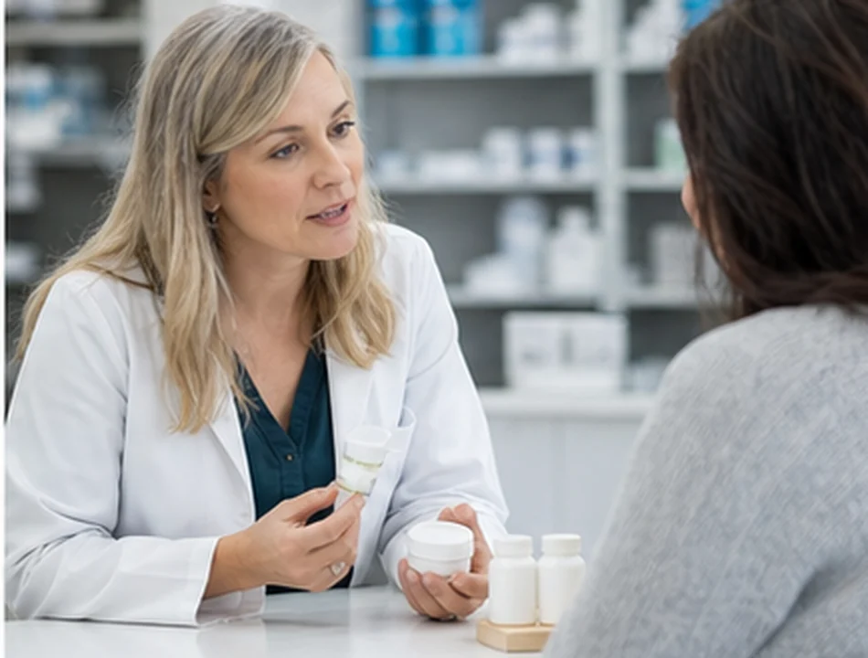 Patient and pharmacist reviewing a nerve pathway illustration