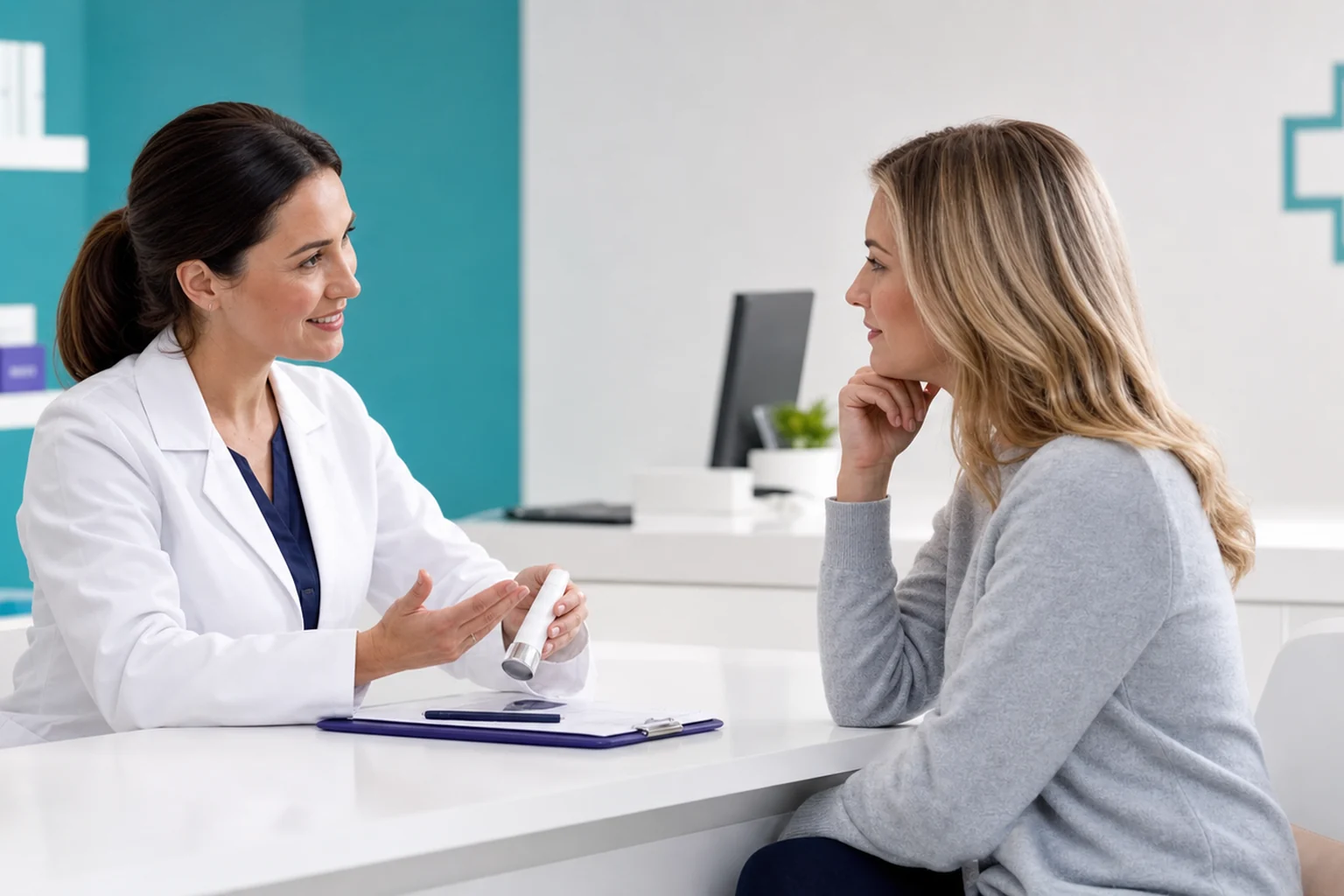 Patient reviewing custom dermatology formulations with a pharmacist