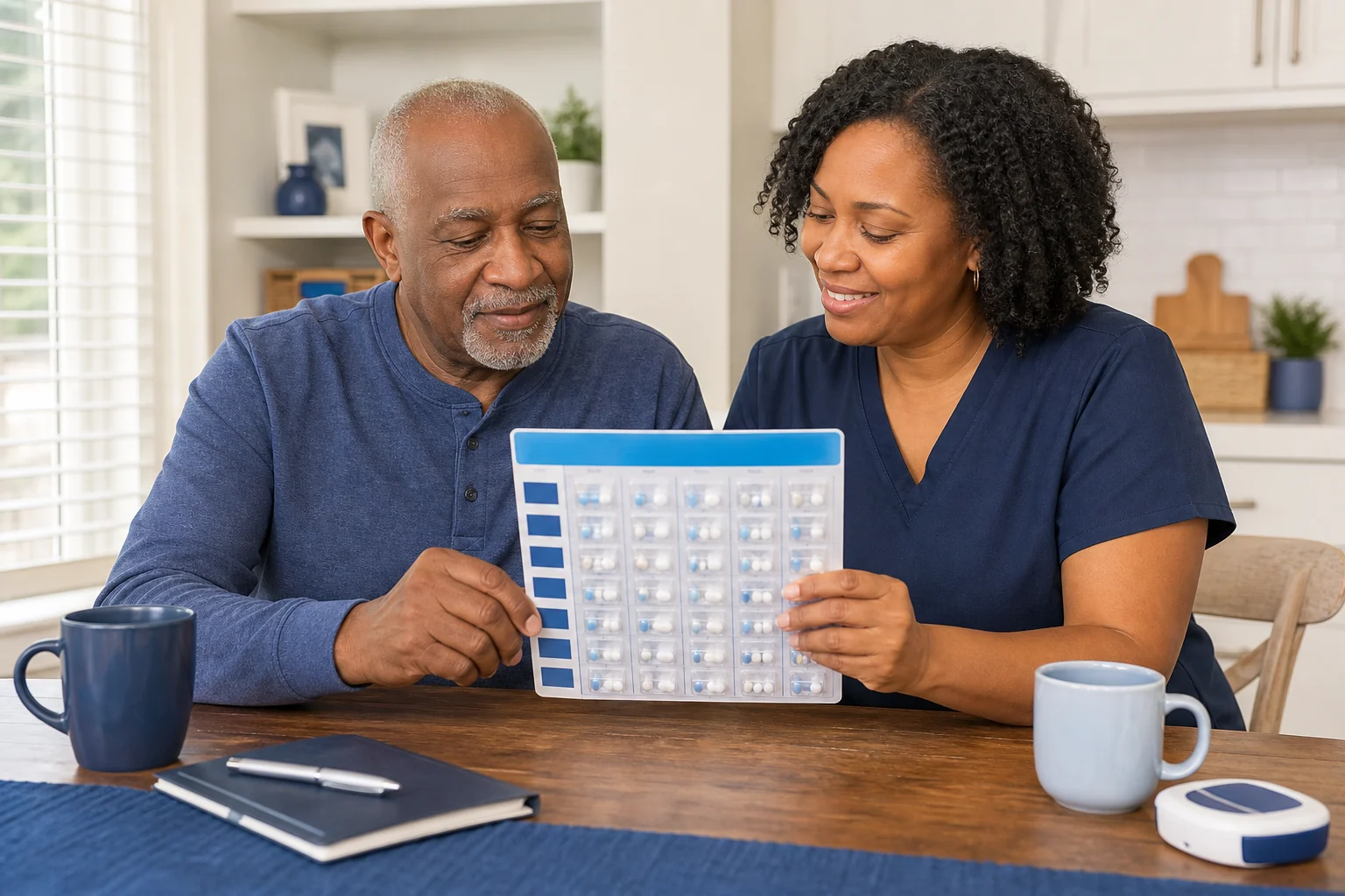 Caregiver reviewing an organized medication pack with an older adult