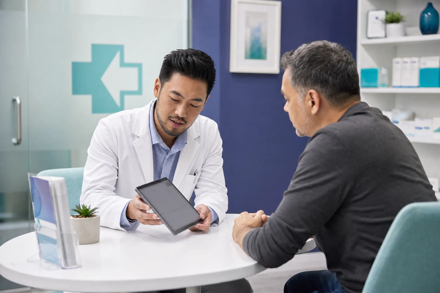 Pharmacist providing a private prescription consultation