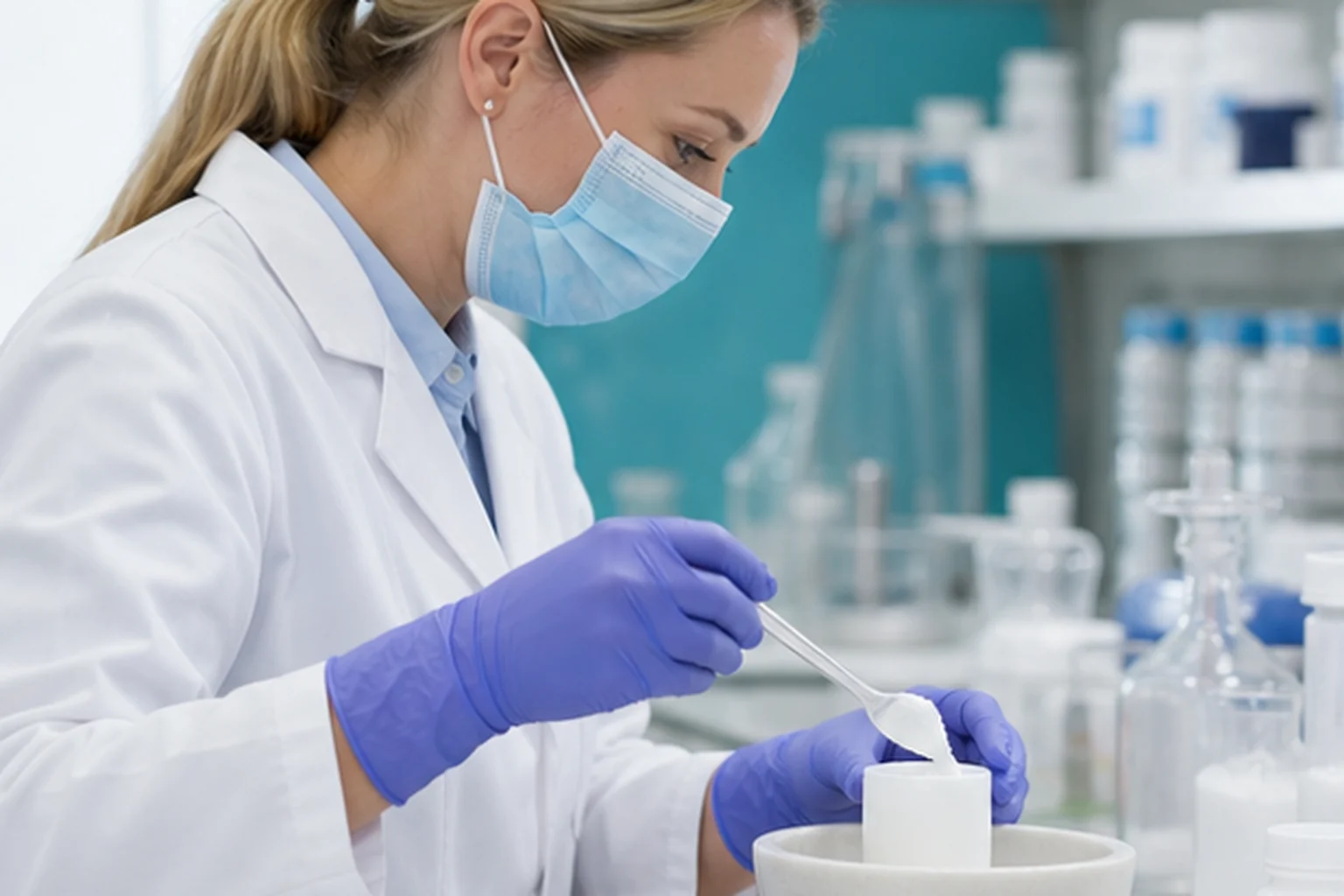 Pharmacist compounding a custom hormone preparation in the lab