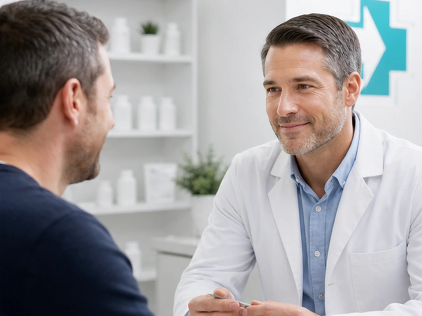 Adult man discussing provider-directed hormone support with a pharmacist