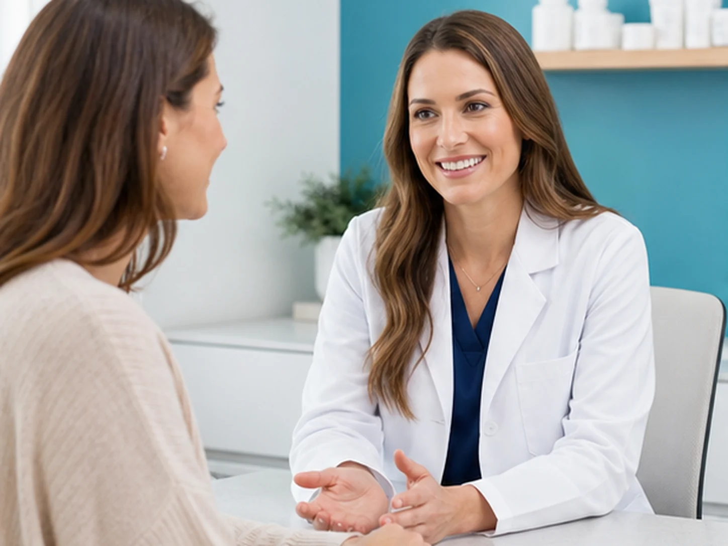 Adult woman discussing provider-directed hormone support with a pharmacist