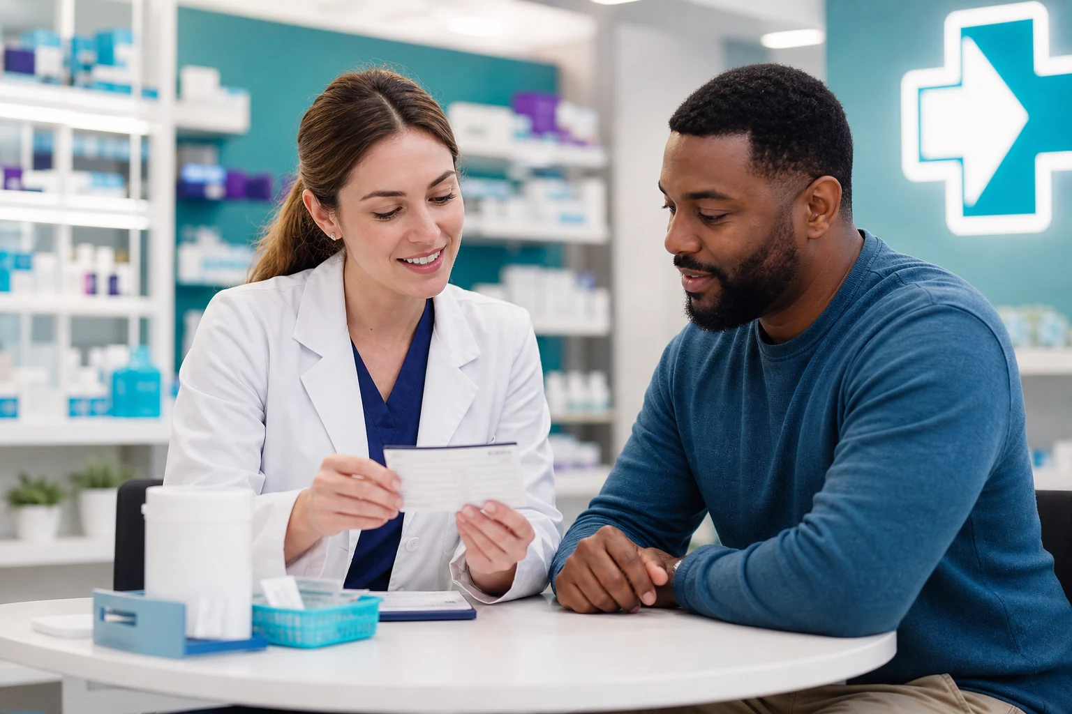 Pharmacist reviewing a vaccination record with a patient before an appointment