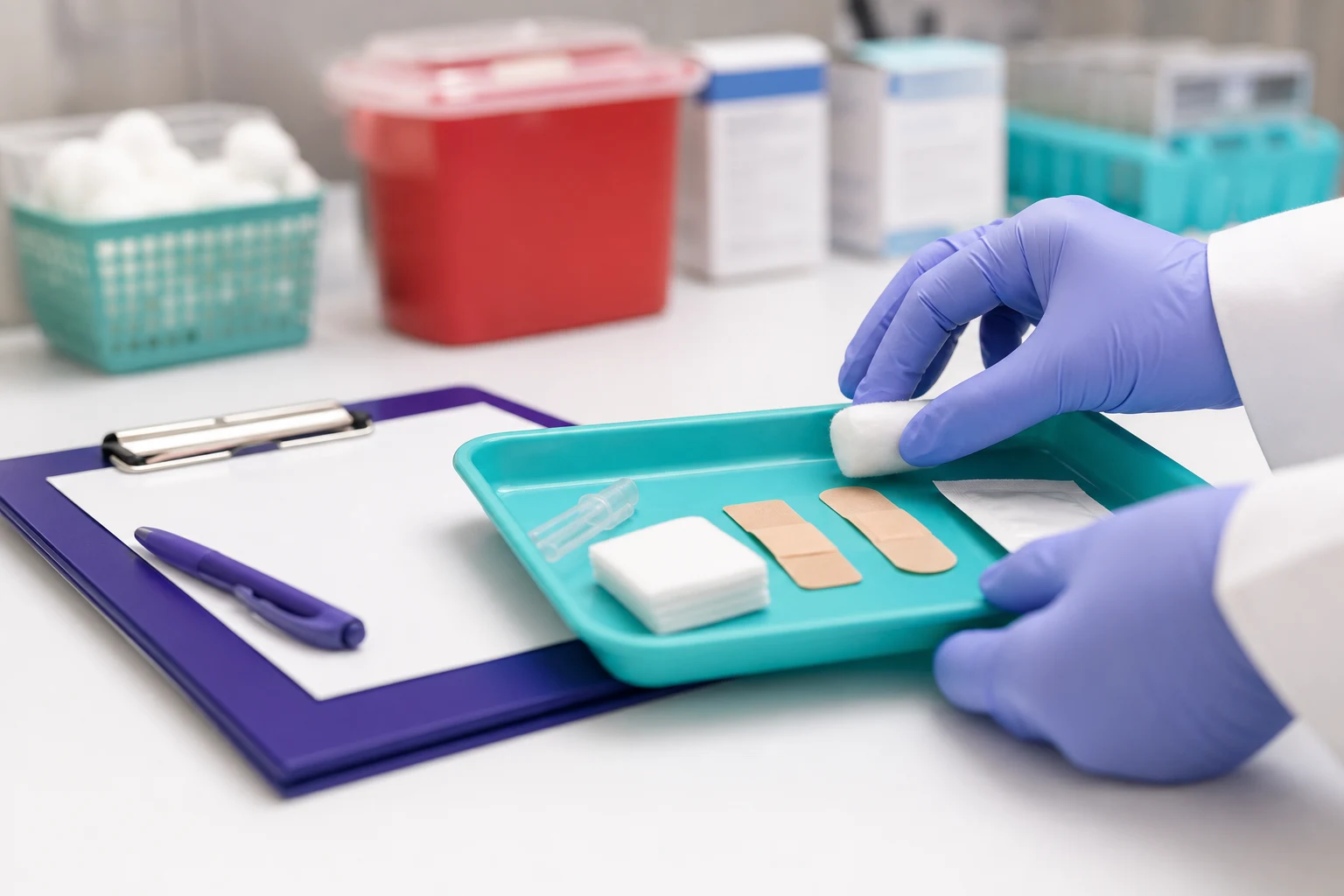 Immunization supplies organized for a pharmacy appointment