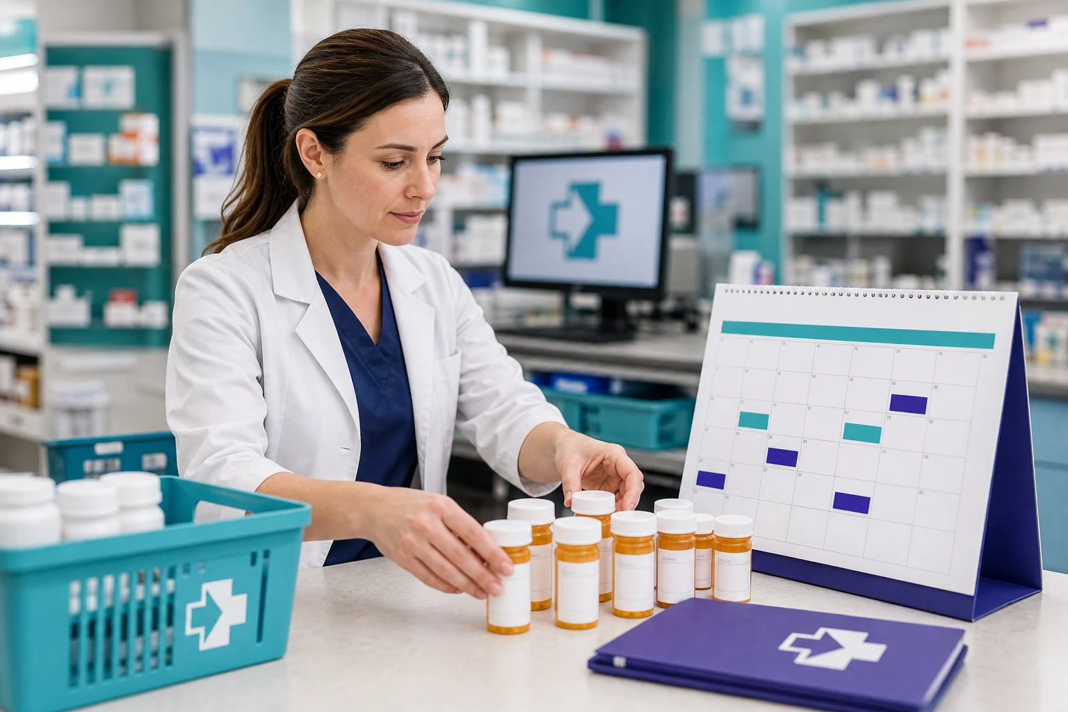 Pharmacist organizing prescription refill dates around one calendar day