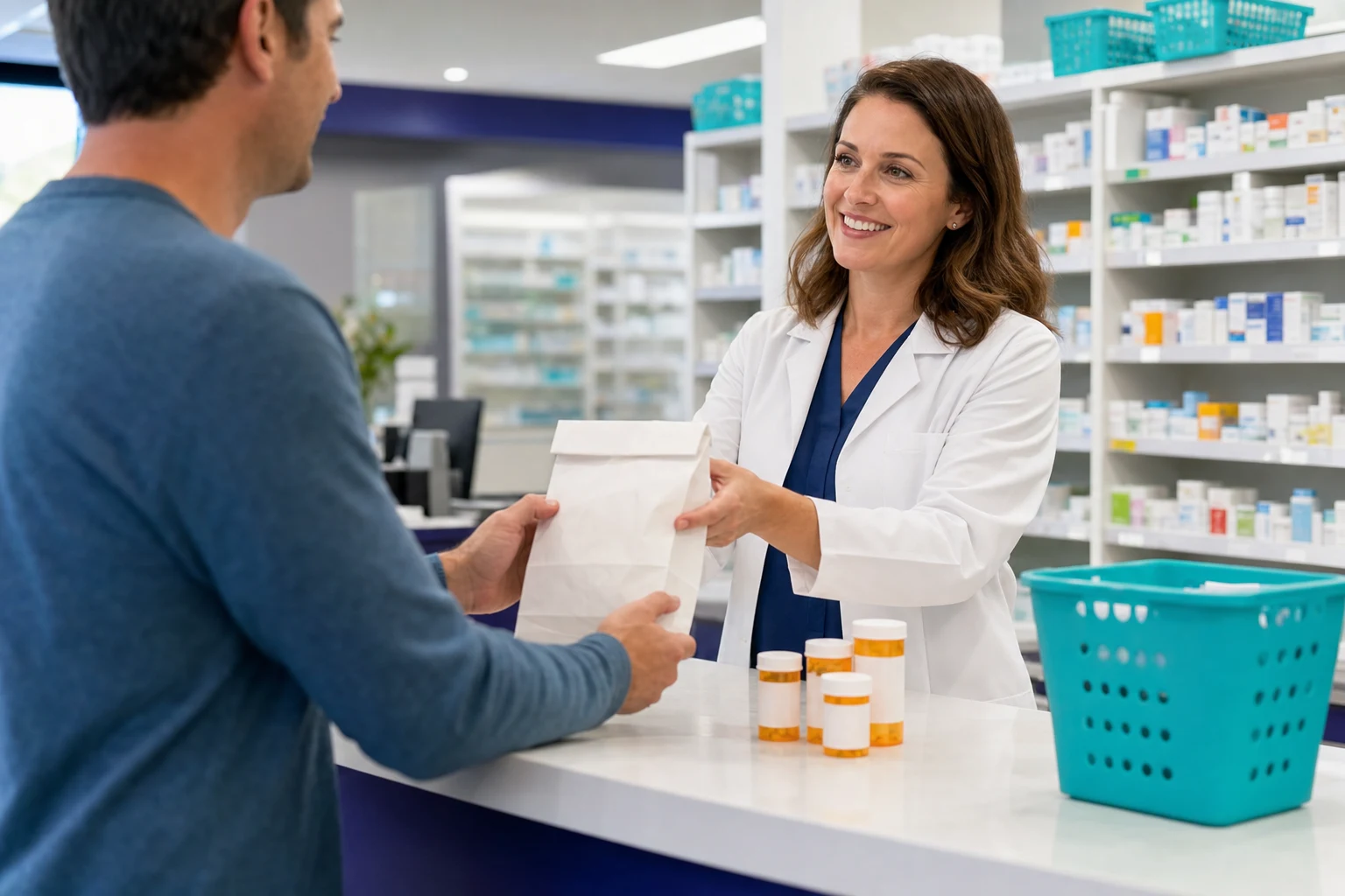 Patient receiving coordinated prescriptions together at the pharmacy counter