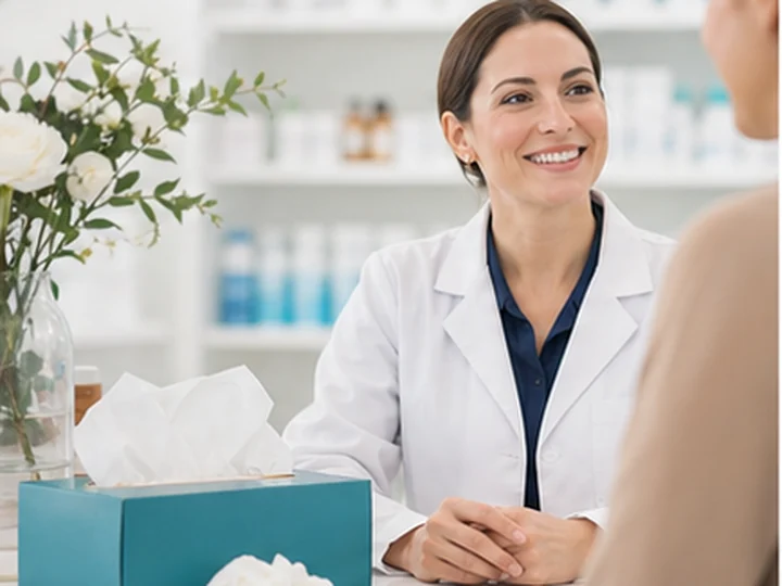 Patient discussing seasonal nasal allergy symptoms with a pharmacist
