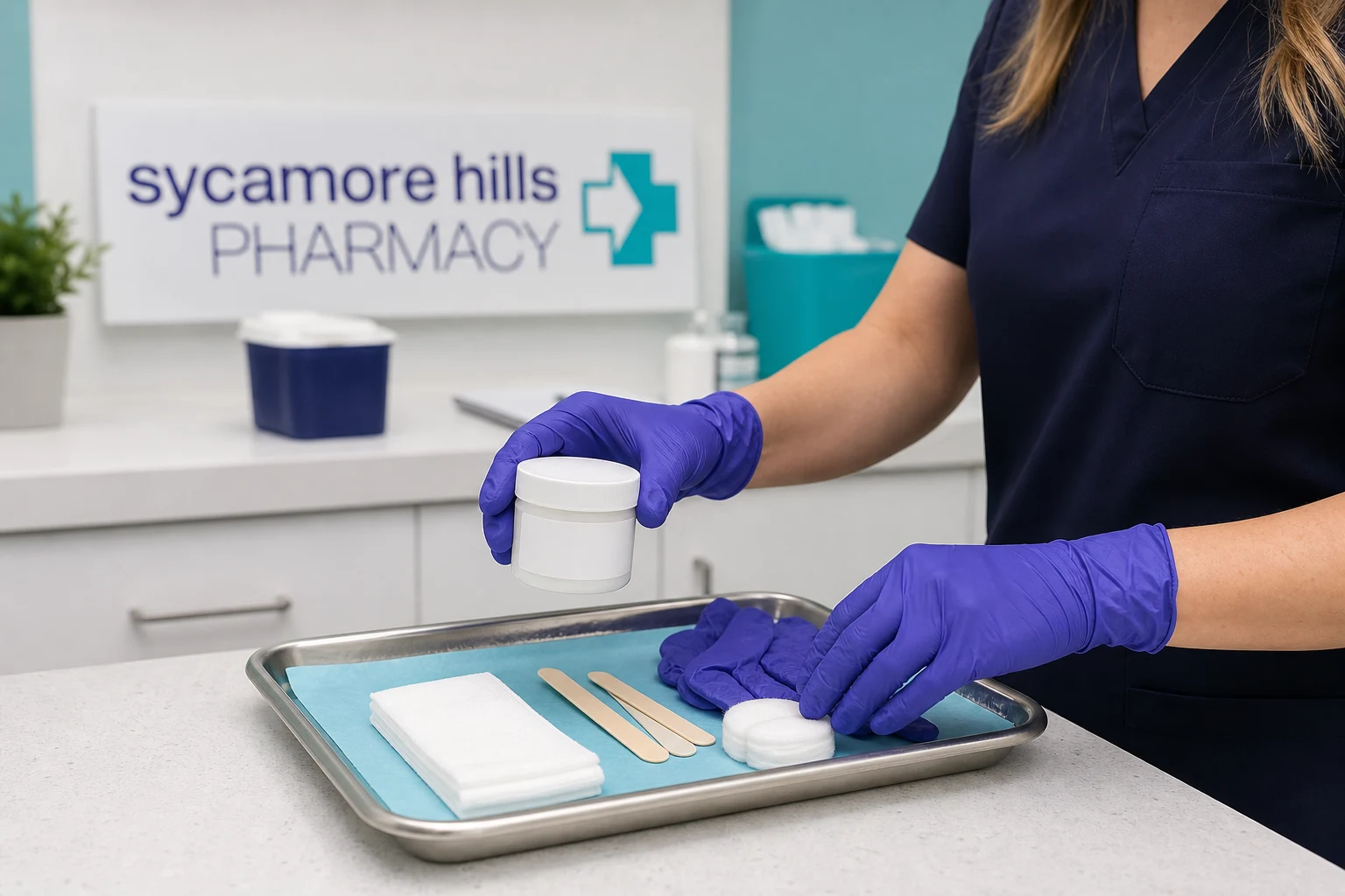 Clinical staff preparing topical numbing cream and procedure supplies for office use