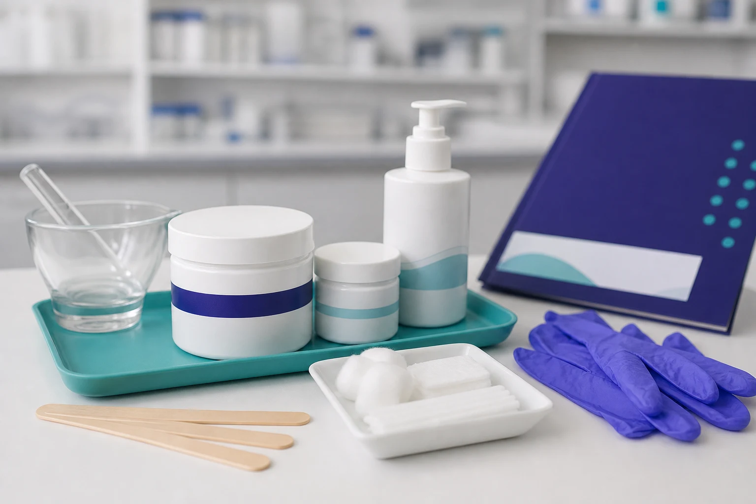 Office-use topical cream jar, solution bottle, applicators, gloves, and procedure tray