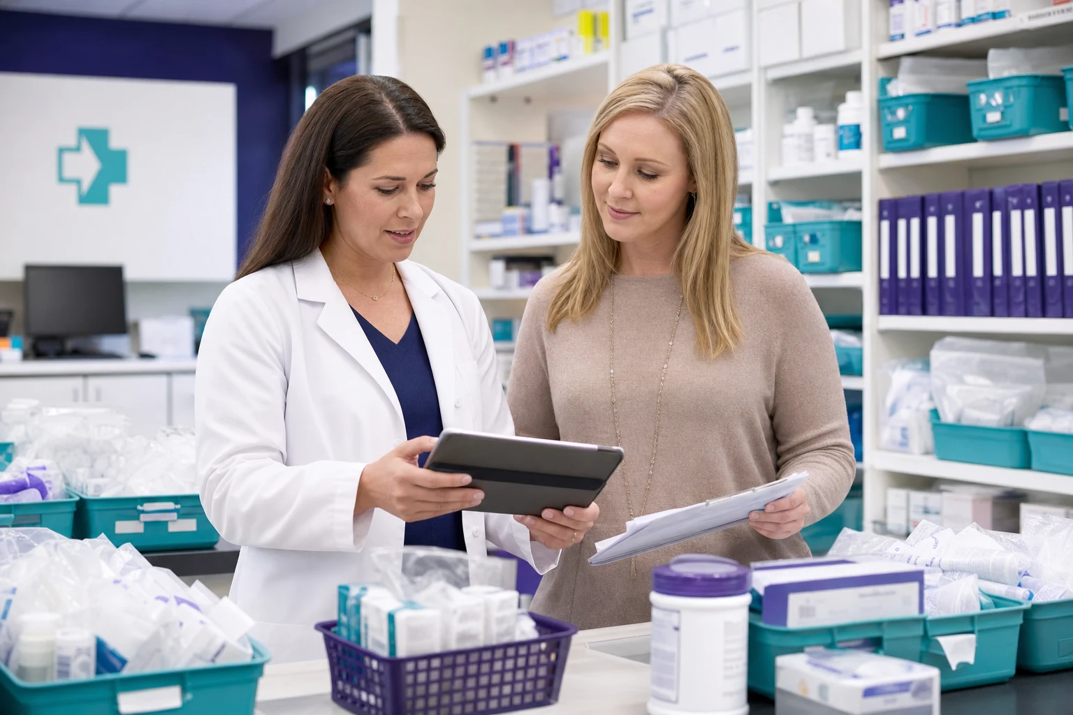 Pharmacist and clinic coordinator reviewing a physician office supply request