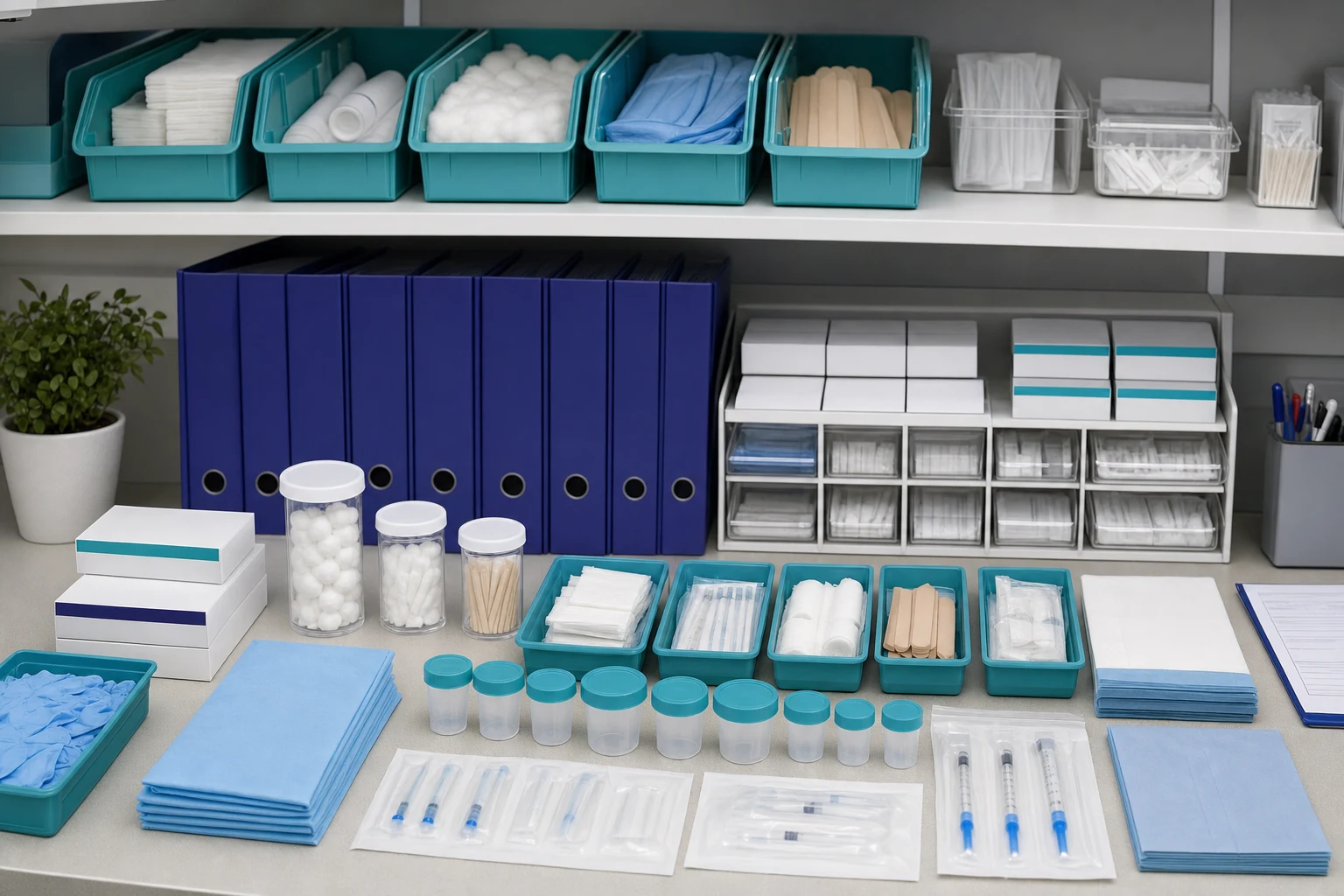 Organized physician office supplies prepared for a local medical practice