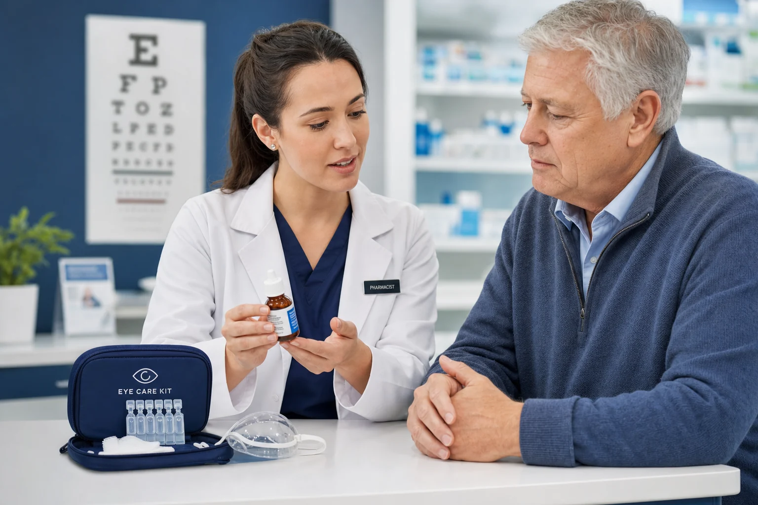 Pharmacist reviewing provider-directed eye-care medication options with a patient