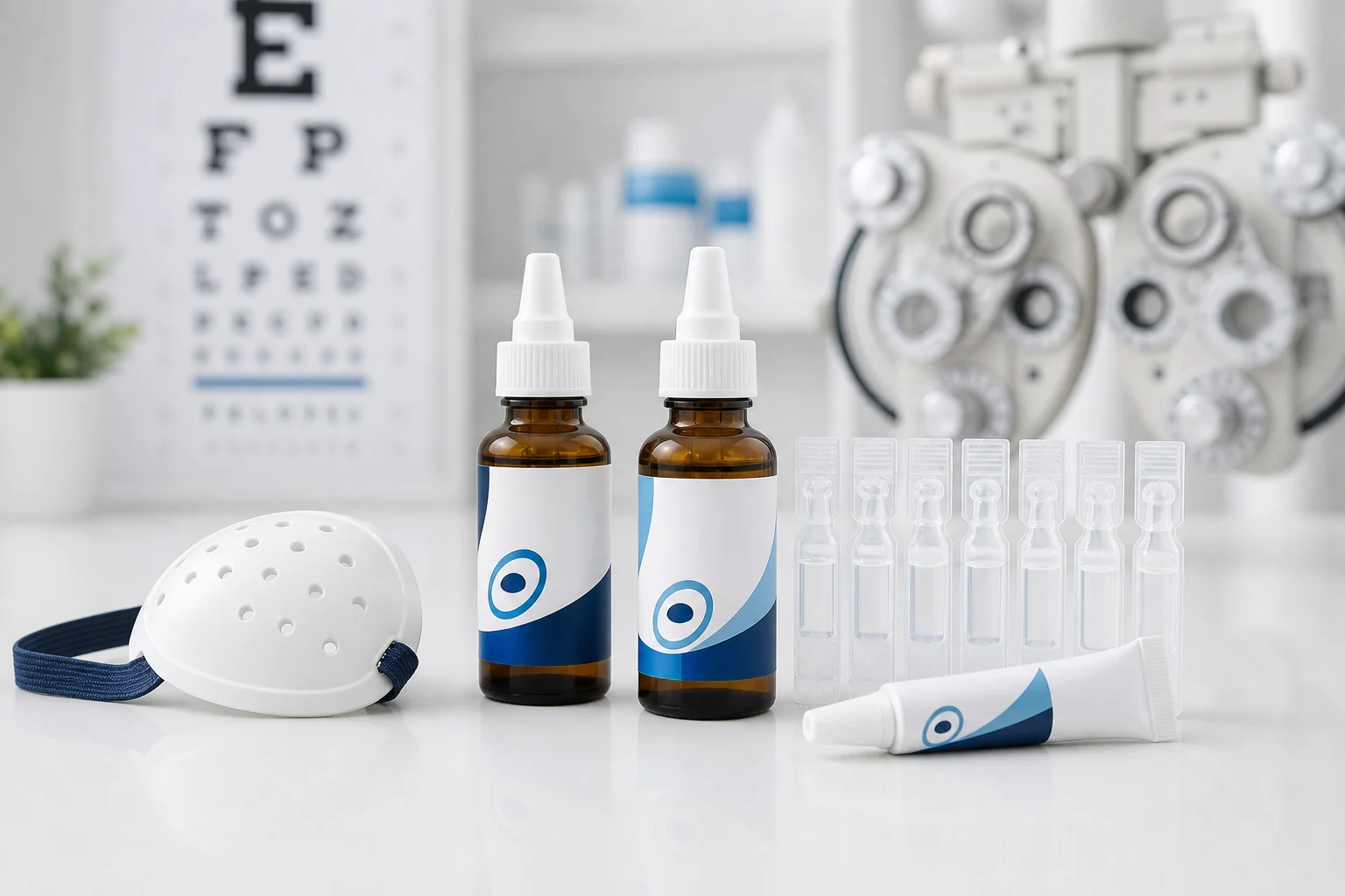 Ophthalmology eye drop bottles and single-use vials on a pharmacy counter
