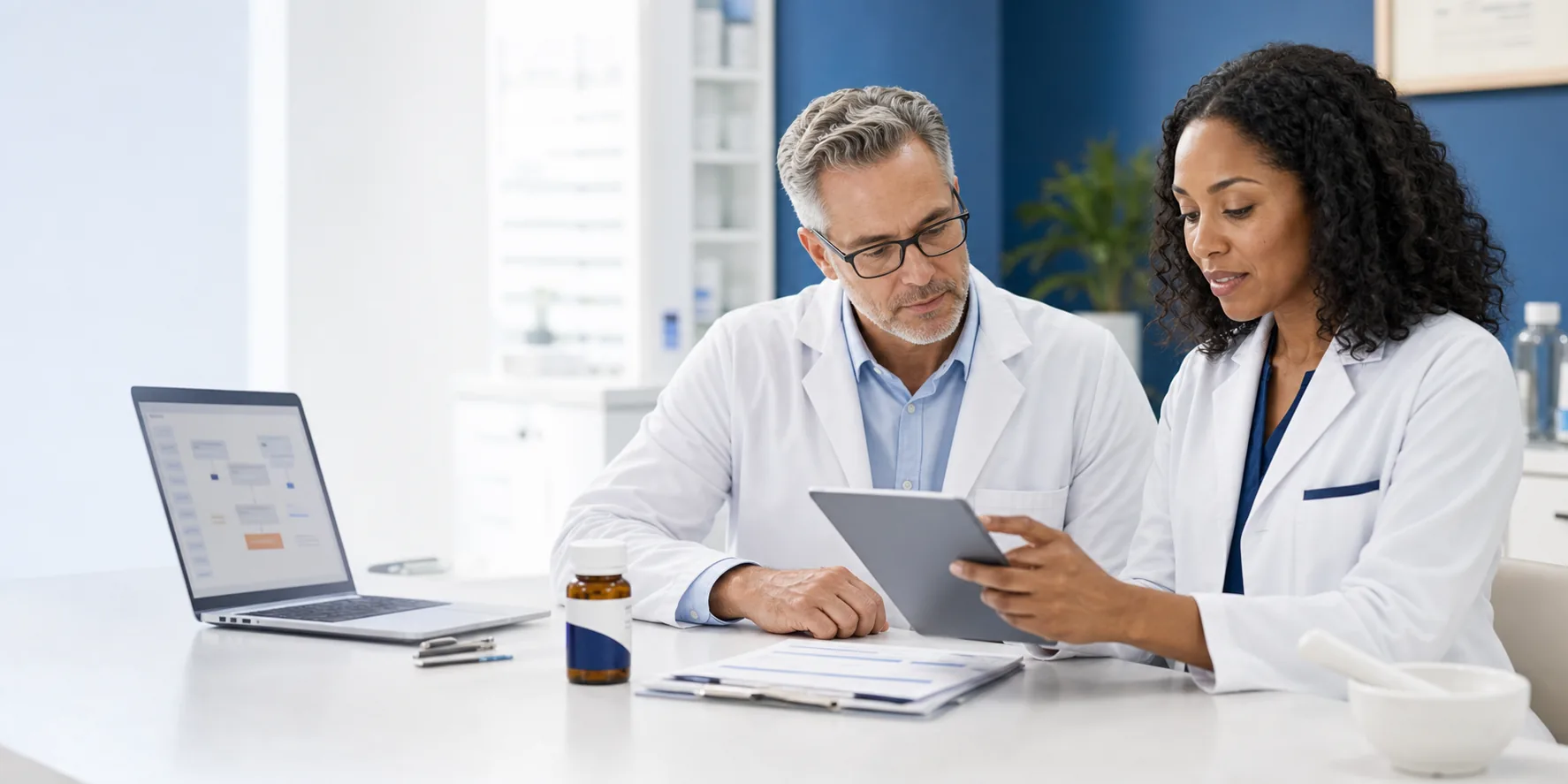 Physician and pharmacist coordinating patient medication care